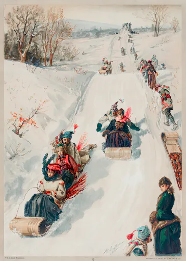 “Tobogganing” chromolithograph (1886) by L. Prang & Co.