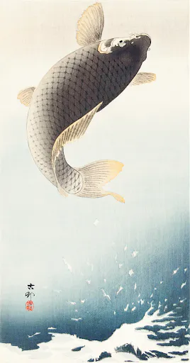 A jumping carp by Ohara Koson.