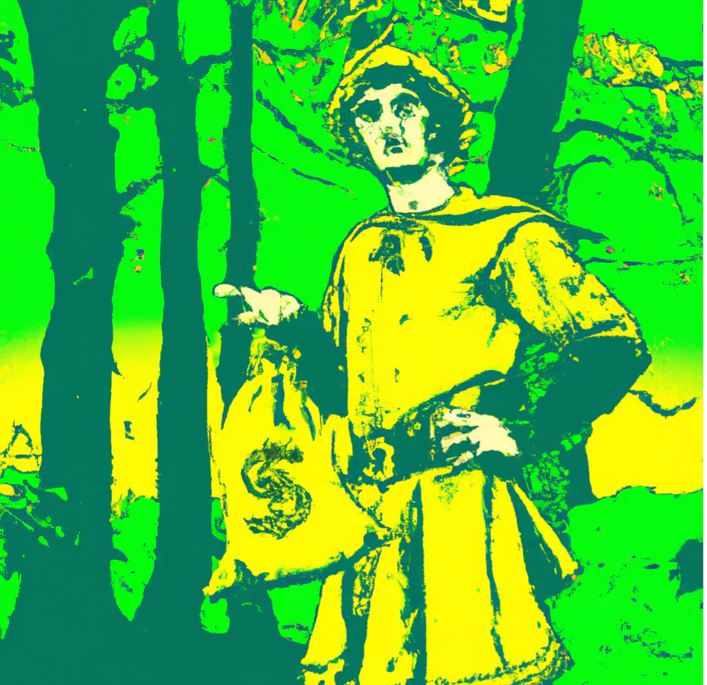 Generated by DALL-E from the prompt, “An andy warhol-style image of Robinhood standing in the woods with a confused look on his face holding a bag of gold coins.”
