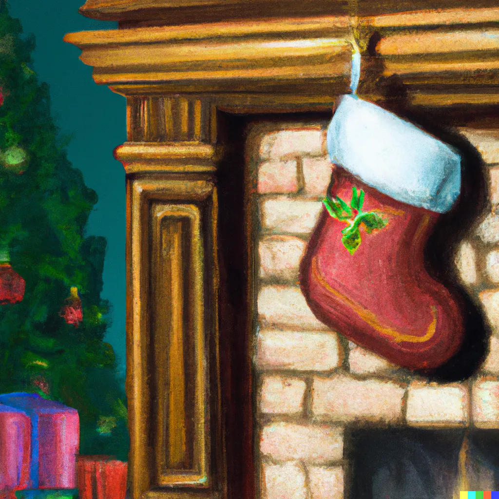DALL·E 2 painting based on the prompt “A cheerful oil painting of a Christmas stocking hanging in front of a fireplace with a Christmas tree off to the side.”