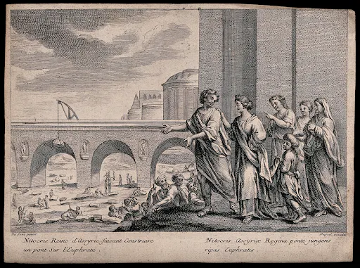 Nitocris, Queen of Babylon, supervising the building of a bridge over the River Euphrates.