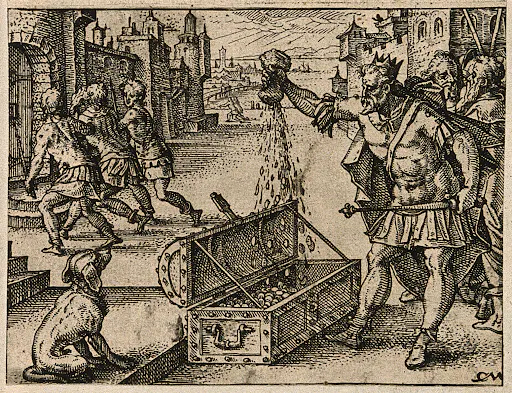 The Roman emperor Valens pours money into a coffer. 1600-1614.
