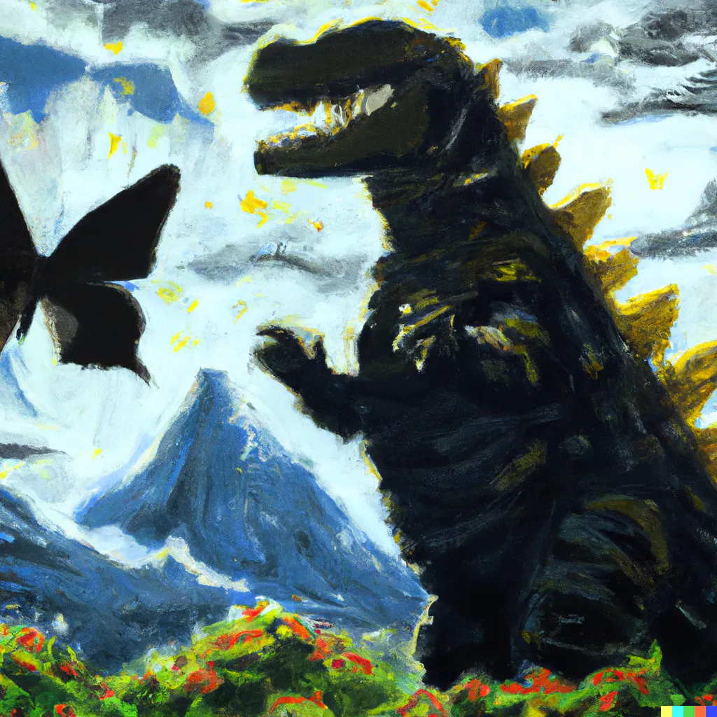 DALL-E 2, generated from the prompt, “Godzilla and Mothra as best friends, impressionist oil painting.”