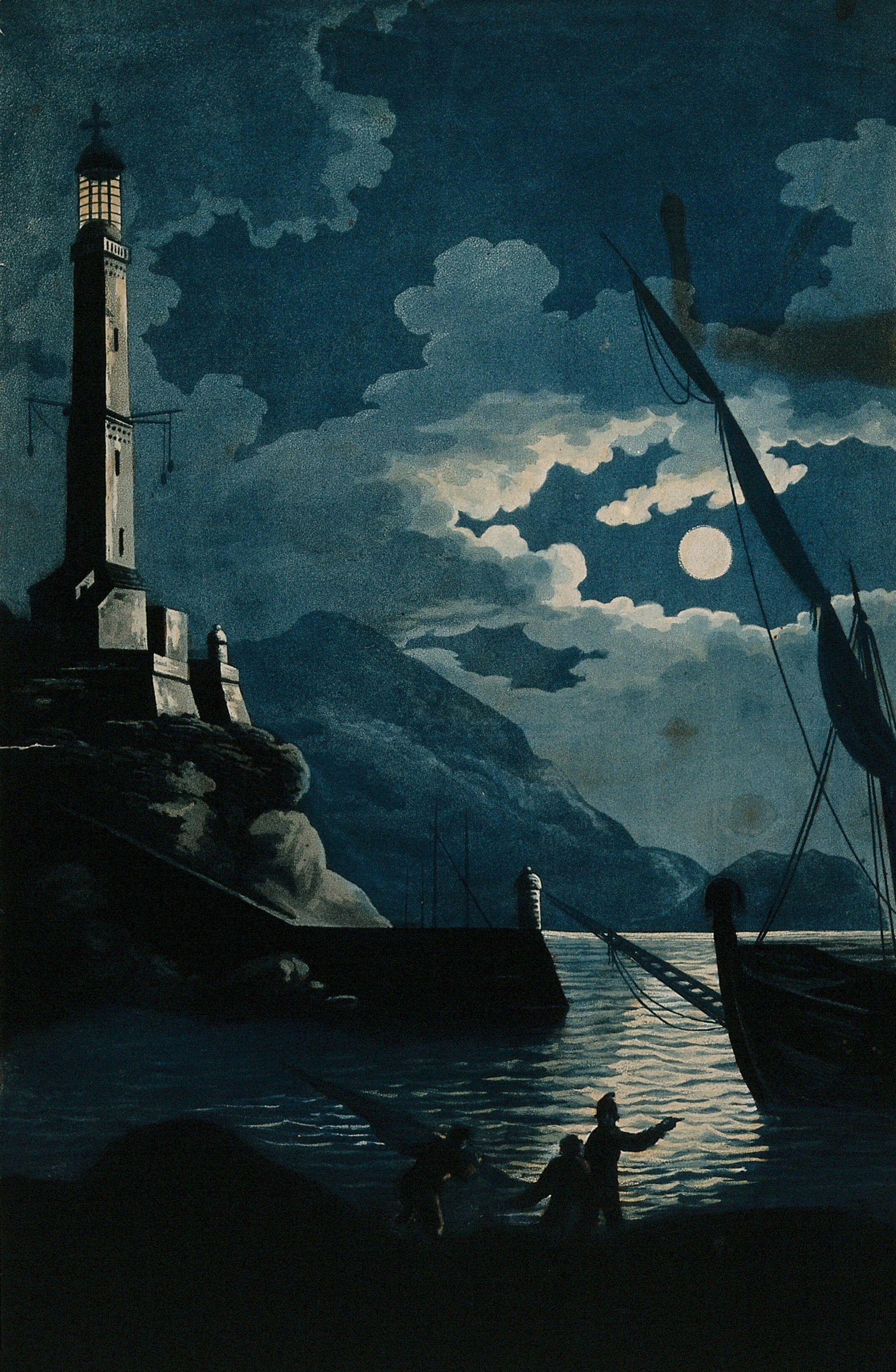 The lighthouse of Genoa at night; a ship and three men in the foreground by H. Merke (1800).