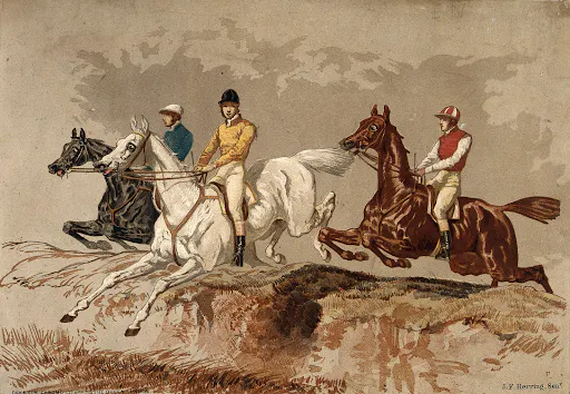 Three jockeys and their horses jumping over a hurdle
