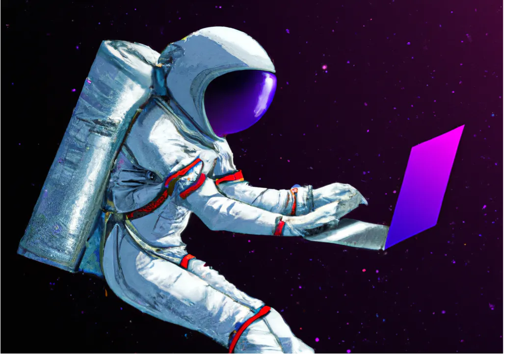 DALL·E generated from the prompt, “an astronaut floating in outer space with a laptop doing online shopping in the visual style of Blade Runner.”