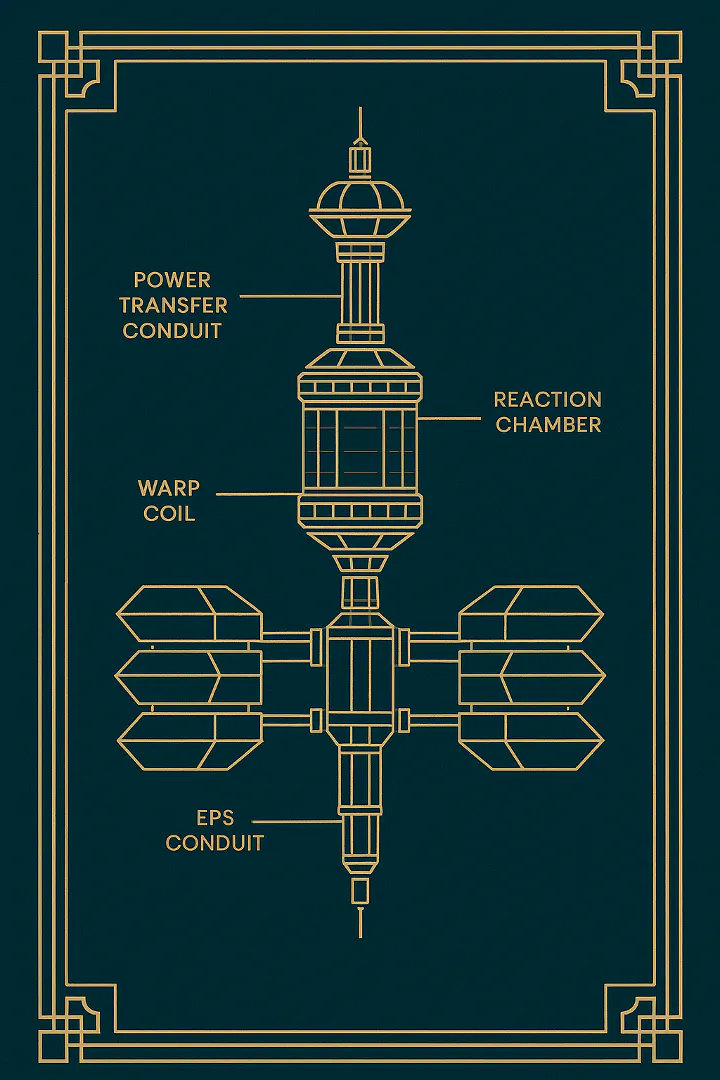 Generated by ChatGPT o3 from the prompt, “Draw an art deco-inspired schematic of a USS Federation warp core.”