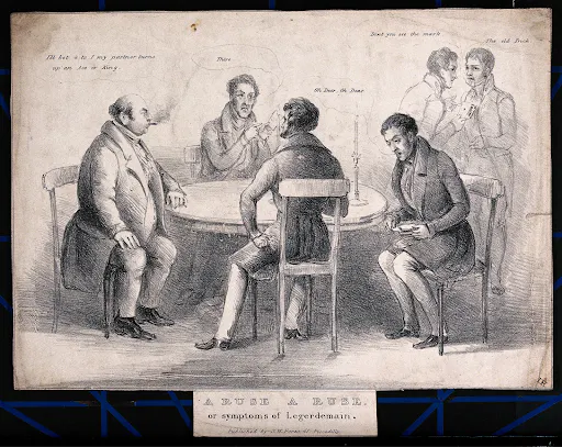Sir W. Ingleby and Baron De Roos cheating in a game of cards with two other men.